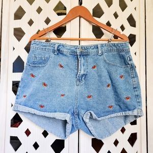 Embroidered Watermelon Denim Cuffed Shorts